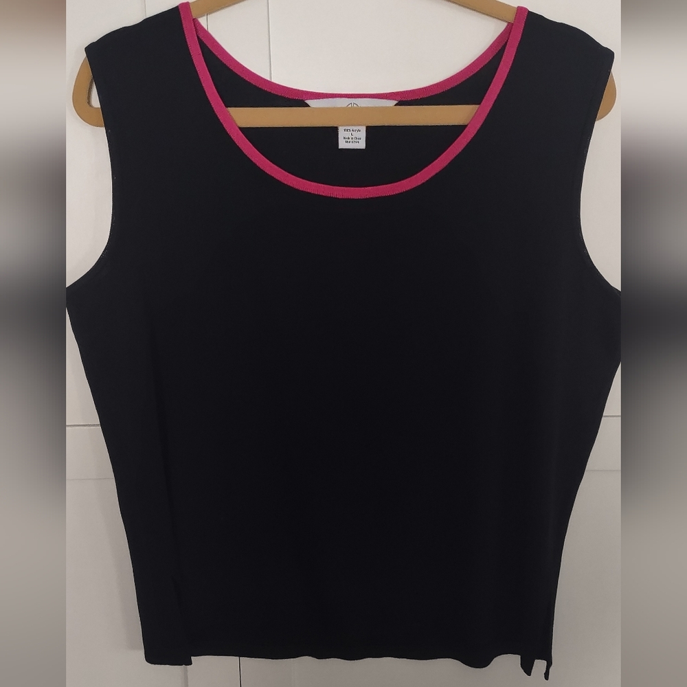 Ming Wang Shell Tank Top Black Hot Pink Stretch Knit Designer Sz LG (12-14) EUC